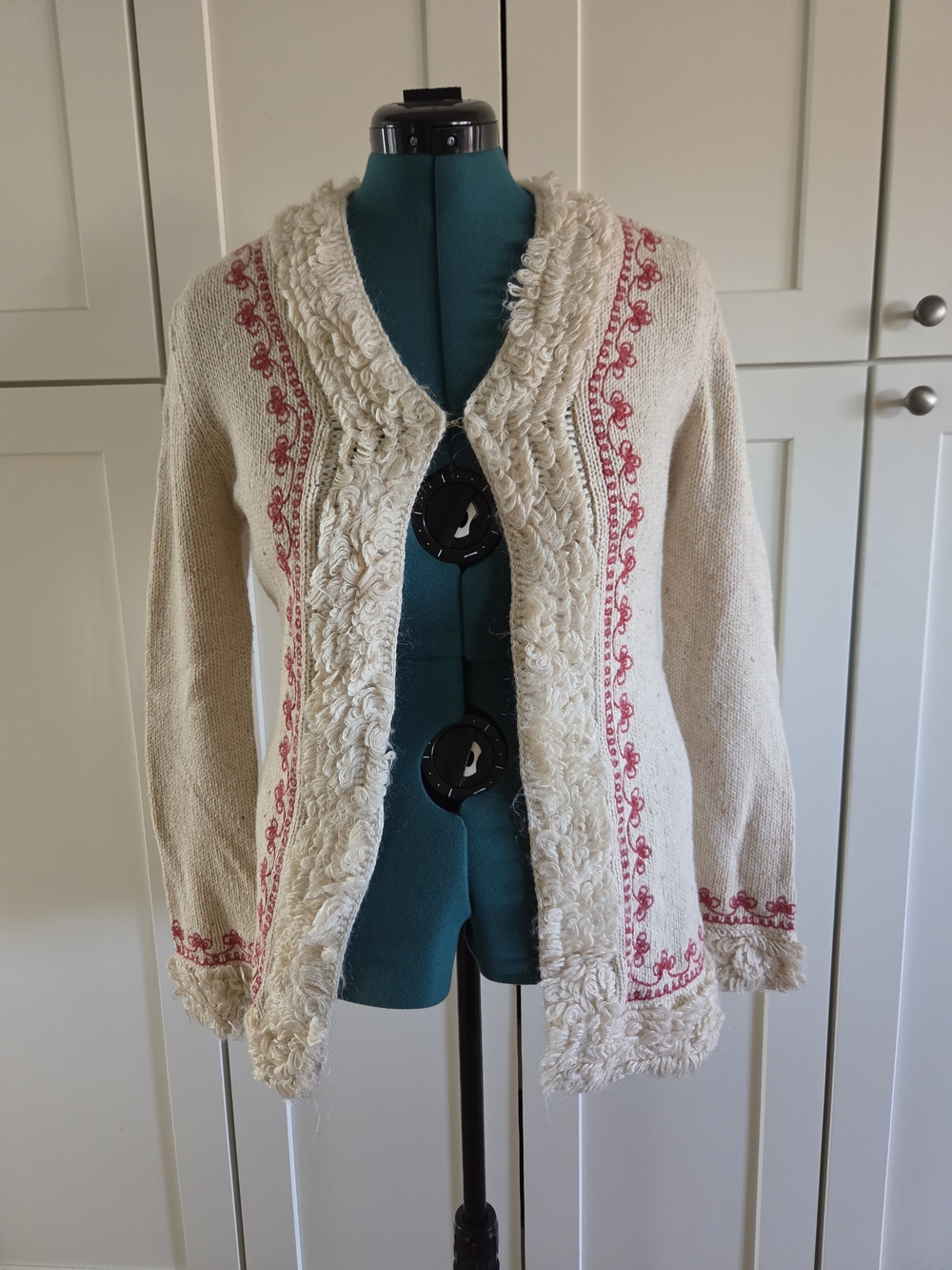 Cream Knit Wool Blend Cardigan with RustEmbroidery